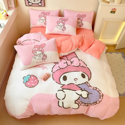 孩子王家纺 2024新款正版授权三丽鸥库洛米大版卡通学生宿舍双面加厚牛奶绒系列四件套--提供买家秀 草莓美乐蒂