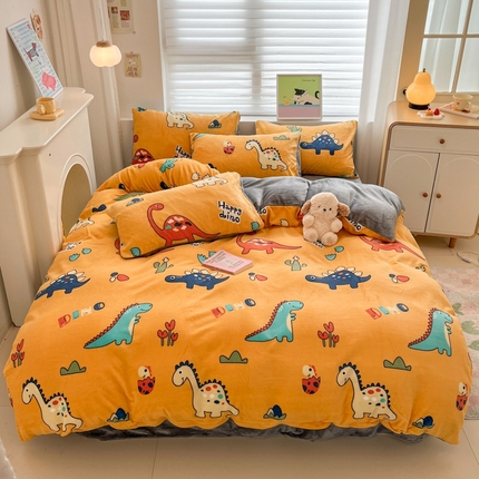 孩子王家纺 2025新款小清新冬季加厚牛奶绒水晶绒珊瑚绒印花系列四件套 恐龙世界