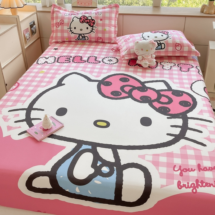 91家纺网 家纺一手货源 找家纺 博雅 2024新款三丽鸥全棉大版印花床笠系列 全棉大版-粉格KT