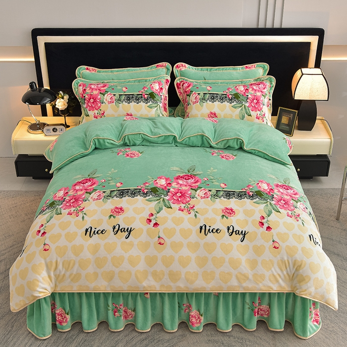 91家纺网 家纺一手货源 找家纺 佳品居 2025新款8斤床裙款牛奶绒四件套 曼妙花语