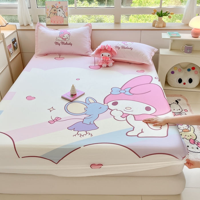 91家纺网 家纺一手货源 找家纺 博雅 2024新款三丽鸥全棉大版印花床笠系列 全棉大版-彩虹美乐蒂