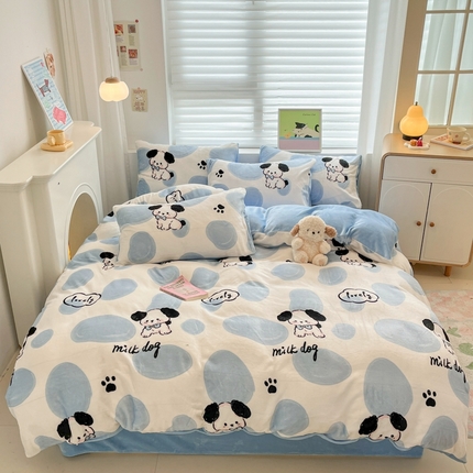 孩子王家纺 2025新款小清新冬季加厚牛奶绒水晶绒珊瑚绒印花系列四件套 牛奶狗狗