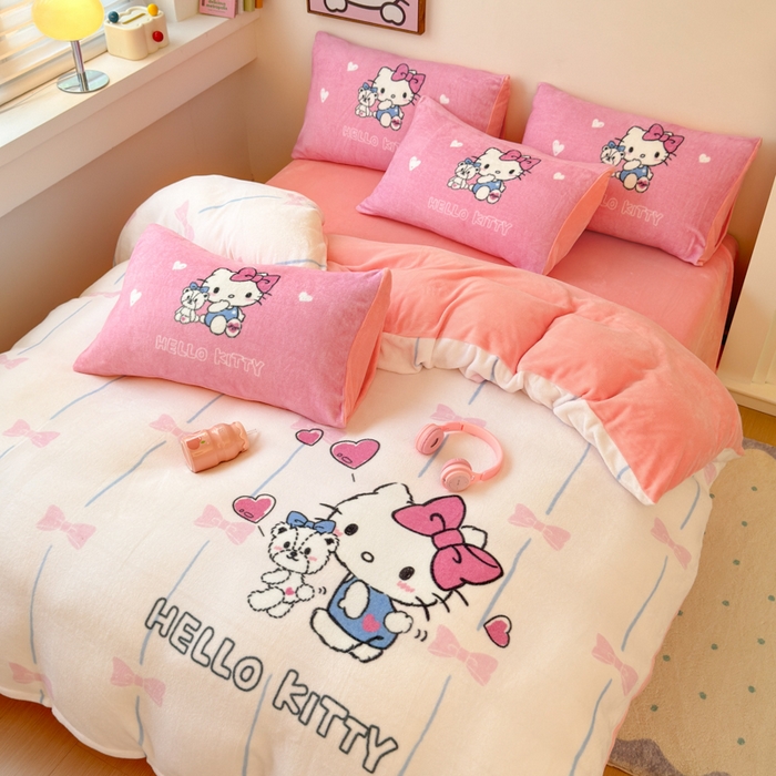 91家纺网 家纺一手货源 找家纺 孩子王家纺 2024新款正版授权三丽鸥库洛米大版卡通学生宿舍双面加厚牛奶绒系列四件套--提供买家秀 爱心kt