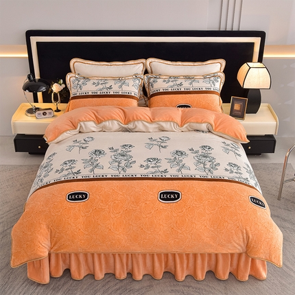 91家纺网 家纺一手货源 找家纺 佳品居 2025新款8斤床裙款牛奶绒四件套 花枝漫舞咖