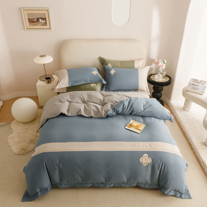 91家纺网 家纺一手货源 找家纺 艾莱家纺 2024新款A类长绒棉条纹提花加厚柔顺磨毛四件套--锦秋系列 锦秋-牛仔蓝