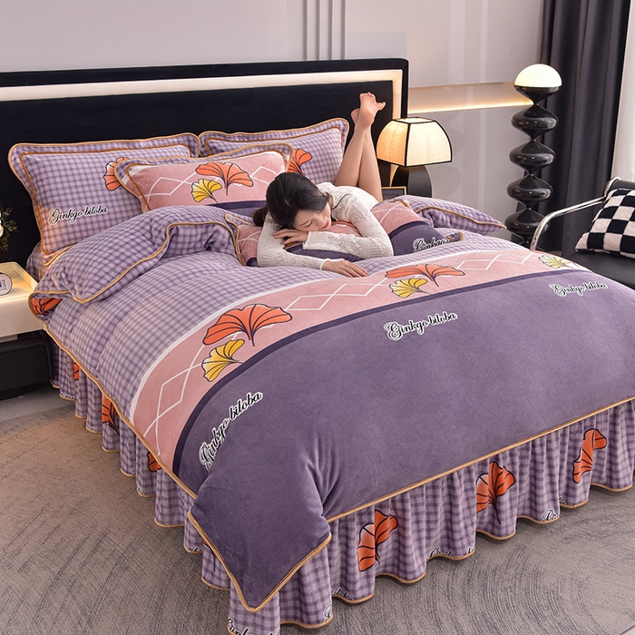 91家纺网 家纺一手货源 找家纺 佳品居 2025新款8斤床裙款牛奶绒四件套 幸运叶