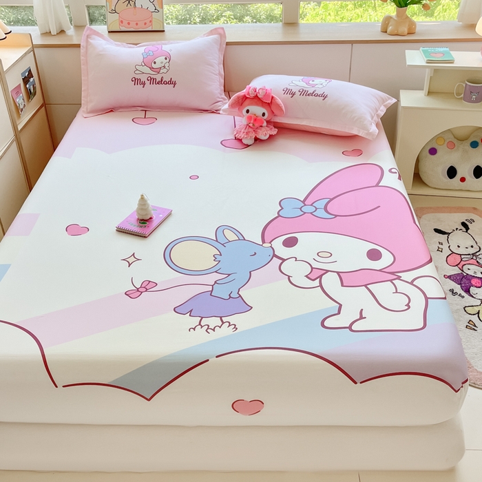 91家纺网 家纺一手货源 找家纺 博雅 2024新款三丽鸥全棉大版印花床笠系列 全棉大版-彩虹美乐蒂