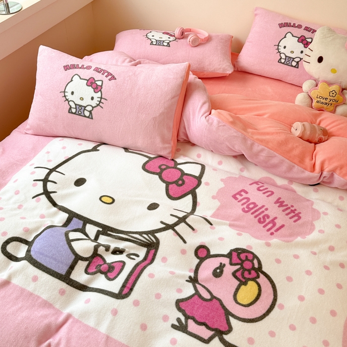 91家纺网 家纺一手货源 找家纺 孩子王家纺 2024新款正版授权三丽鸥库洛米大版卡通学生宿舍双面加厚牛奶绒系列四件套--提供买家秀 波点kt