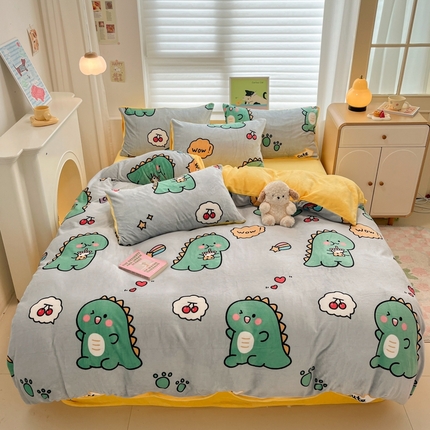 孩子王家纺 2025新款小清新冬季加厚牛奶绒水晶绒珊瑚绒印花系列四件套 萌萌恐龙
