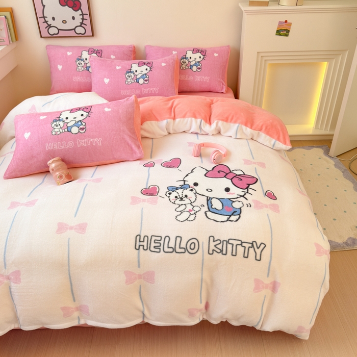 91家纺网 家纺一手货源 找家纺 孩子王家纺 2024新款正版授权三丽鸥库洛米大版卡通学生宿舍双面加厚牛奶绒系列四件套--提供买家秀 爱心kt