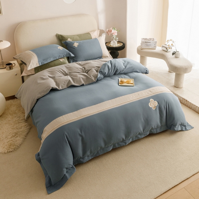 91家纺网 家纺一手货源 找家纺 艾莱家纺 2024新款A类长绒棉条纹提花加厚柔顺磨毛四件套--锦秋系列 锦秋-牛仔蓝