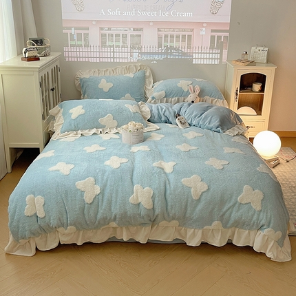 桃子家居 2024新款A类加厚230克色纱提花蝴蝶少女花花韩版花边舒棉绒牛奶绒系列四件套 舒棉绒花边-浪漫蝴蝶蓝白