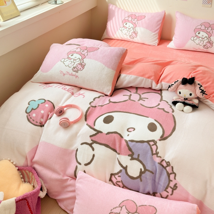 91家纺网 家纺一手货源 找家纺 孩子王家纺 2024新款正版授权三丽鸥库洛米大版卡通学生宿舍双面加厚牛奶绒系列四件套--提供买家秀 少女美乐蒂