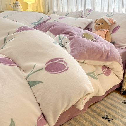 绘萱家居 2025新款高克重雕花雕印纯色牛奶绒四件套双拼法莱绒珊瑚绒 雕印郁金香-紫