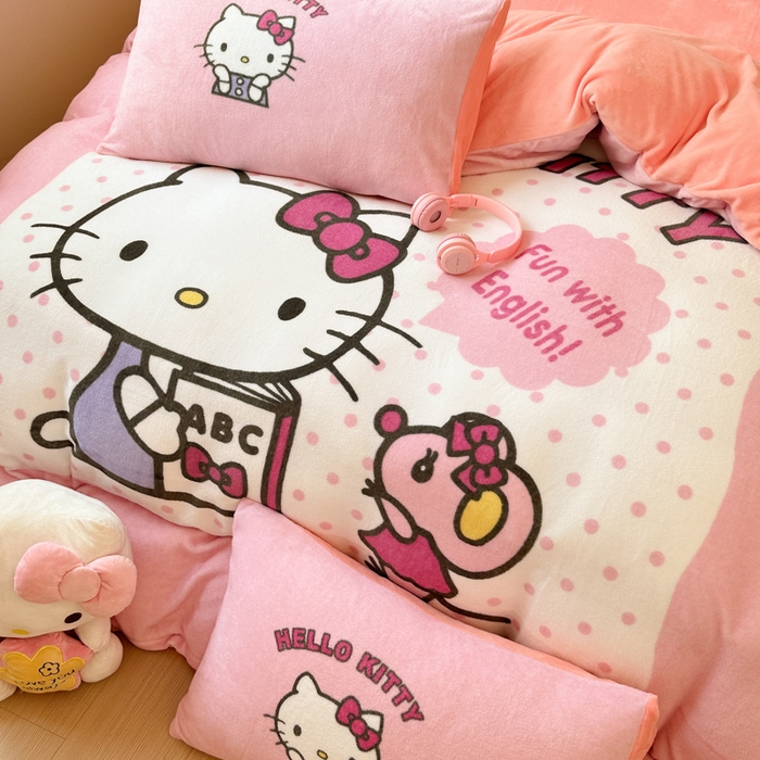 91家纺网 家纺一手货源 找家纺 孩子王家纺 2024新款正版授权三丽鸥库洛米大版卡通学生宿舍双面加厚牛奶绒系列四件套--提供买家秀 波点kt