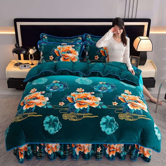 91家纺网 家纺一手货源 找家纺 佳品居 2025新款8斤床裙款牛奶绒四件套 闭花羞月