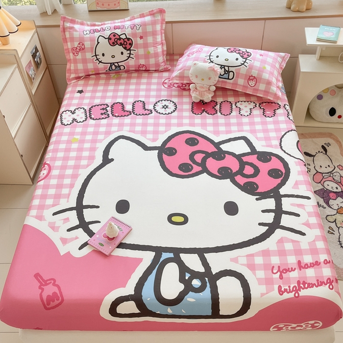 91家纺网 家纺一手货源 找家纺 博雅 2024新款三丽鸥全棉大版印花床笠系列 全棉大版-粉格KT