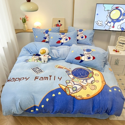 91家纺网 家纺一手货源 找家纺 （总）孩子王家纺 2025新款专版花色太空人大版卡通学生宿舍双面加厚牛奶绒系列四件套--提供买家秀