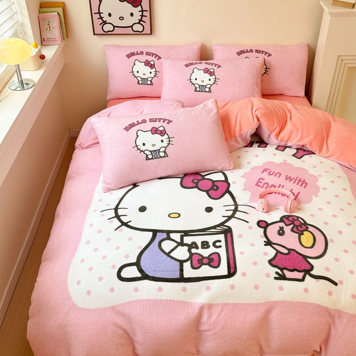 91家纺网 家纺一手货源 找家纺 孩子王家纺 2024新款正版授权三丽鸥库洛米大版卡通学生宿舍双面加厚牛奶绒系列四件套--提供买家秀 波点kt