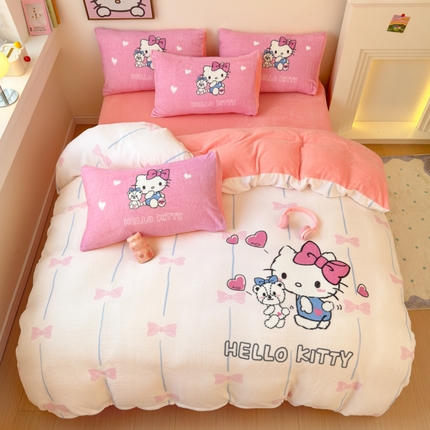 91家纺网 家纺一手货源 找家纺 孩子王家纺 2024新款正版授权三丽鸥库洛米大版卡通学生宿舍双面加厚牛奶绒系列四件套--提供买家秀 爱心kt