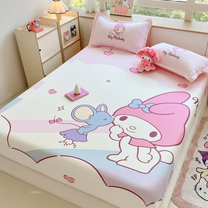 91家纺网 家纺一手货源 找家纺 博雅 2024新款三丽鸥全棉大版印花床笠系列 全棉大版-彩虹美乐蒂