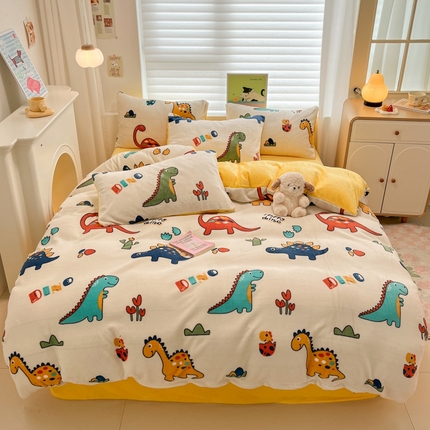 孩子王家纺 2025新款小清新冬季加厚牛奶绒水晶绒珊瑚绒印花系列四件套 恐龙漫步