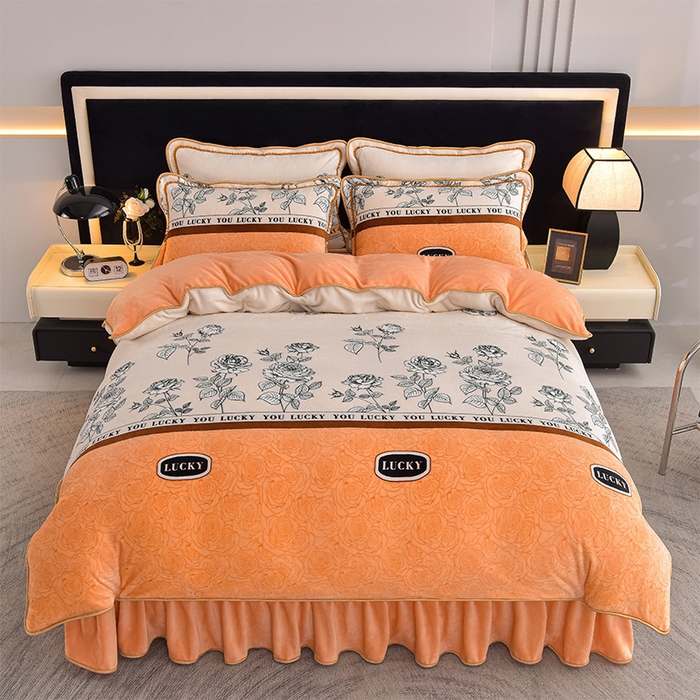 91家纺网 家纺一手货源 找家纺 佳品居 2025新款8斤床裙款牛奶绒四件套 花枝漫舞咖