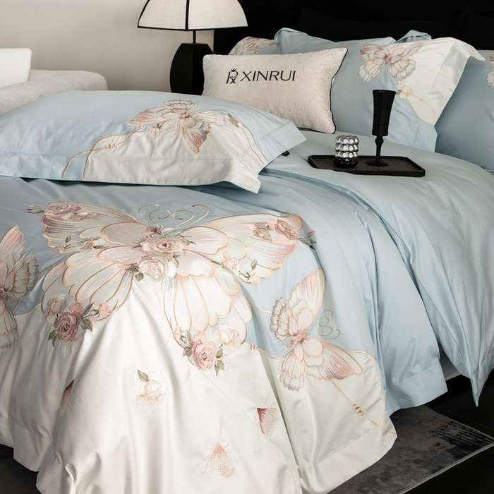 91家纺网 家纺一手货源 找家纺 馨蕊家居 2024秋冬新品100S高奢简约长绒棉纯棉四件套系列全棉四件套-梦幻 梦幻-北卡蓝