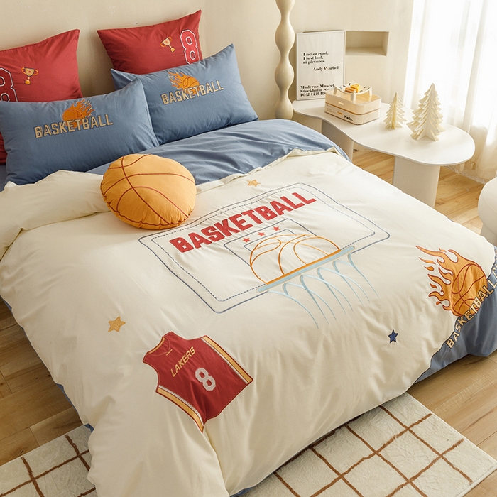 91家纺网 家纺一手货源 找家纺 （总）绒梦里2025款A类纯棉水洗棉贴布绣四件套全棉卡通儿童三件套上下铺床套件--篮球系列