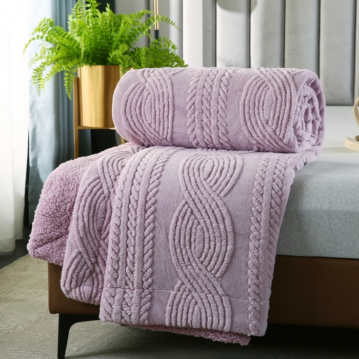 91家纺网 家纺一手货源 找家纺 巴木赫 2024新款8字配色双层羊羔绒毛毯 浅紫