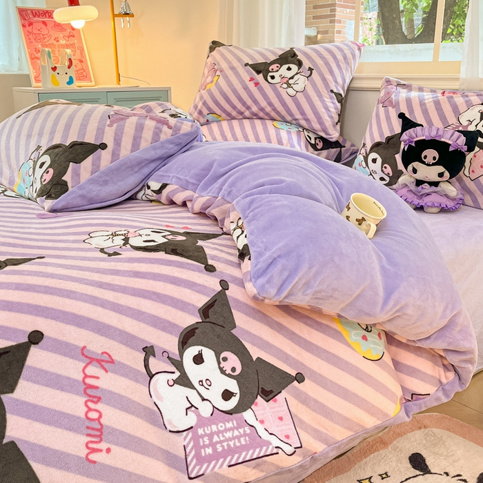 91家纺网 家纺一手货源 找家纺 2024新品正版三丽鸥授权卡通加厚高克重牛奶绒系列四件套 绒三丽鸥-紫巧库洛米
