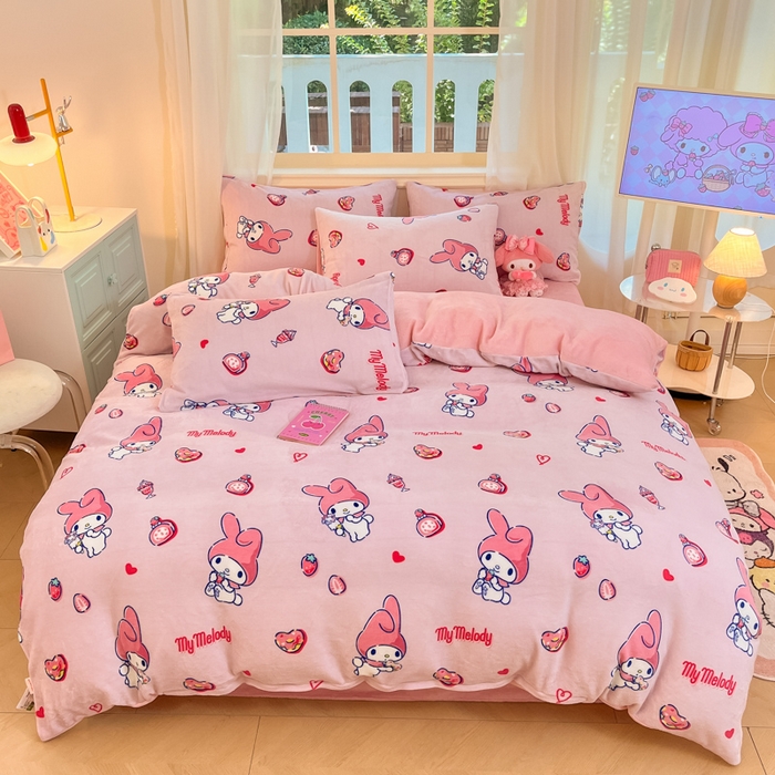 91家纺网 家纺一手货源 找家纺 2024新品正版三丽鸥授权卡通加厚高克重牛奶绒系列四件套 绒三丽鸥-莓莓美乐蒂