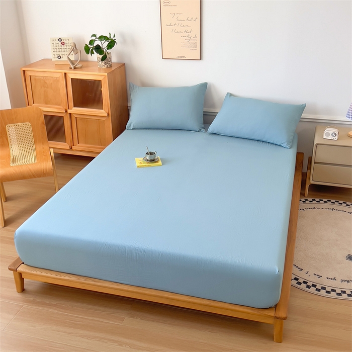 91家纺网 家纺一手货源 找家纺 多品 2024新款水洗棉皱皱纱单品床笠 蓝灰