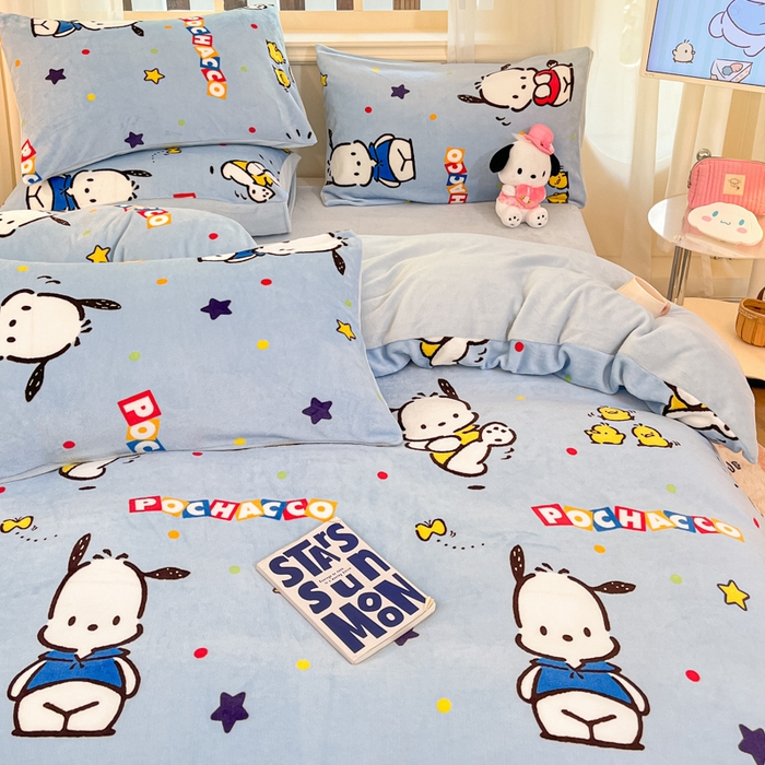 91家纺网 家纺一手货源 找家纺 2024新品正版三丽鸥授权卡通加厚高克重牛奶绒系列四件套 绒三丽鸥-趣味帕恰狗