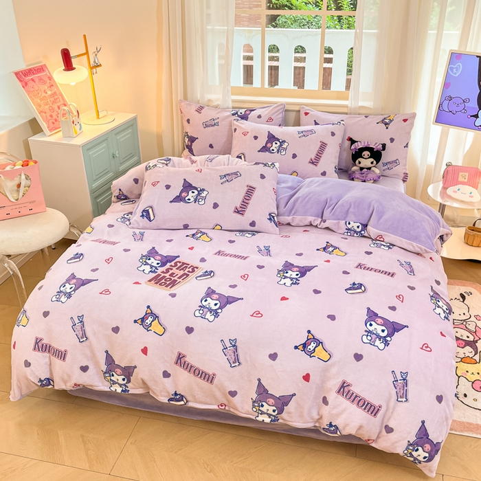 91家纺网 家纺一手货源 找家纺 2024新品正版三丽鸥授权卡通加厚高克重牛奶绒系列四件套 绒三丽鸥-紫心库洛米