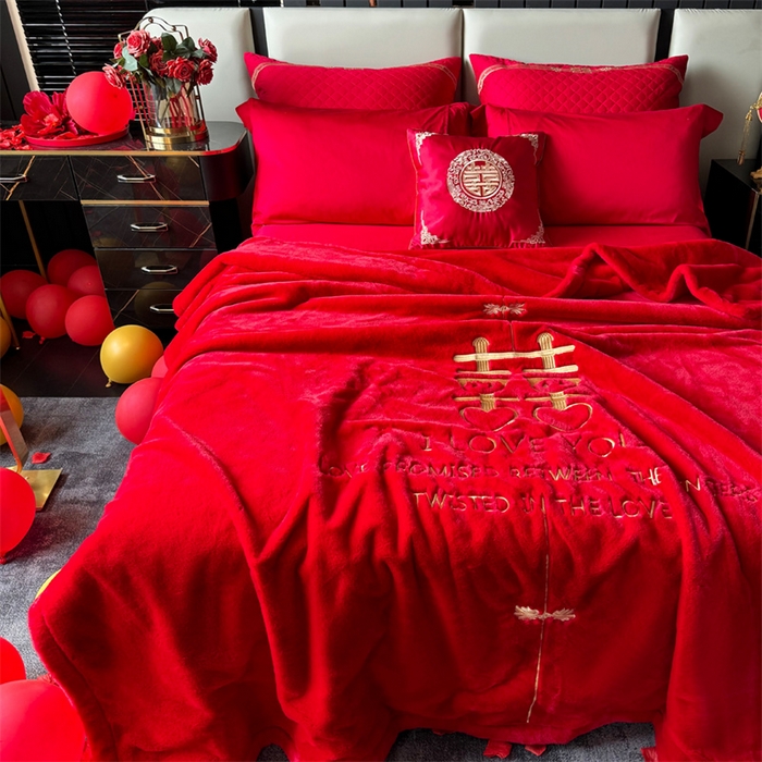 91家纺网 家纺一手货源 找家纺 2024新款仿皮草兔绒精品绣花毛毯毯子 喜成连理