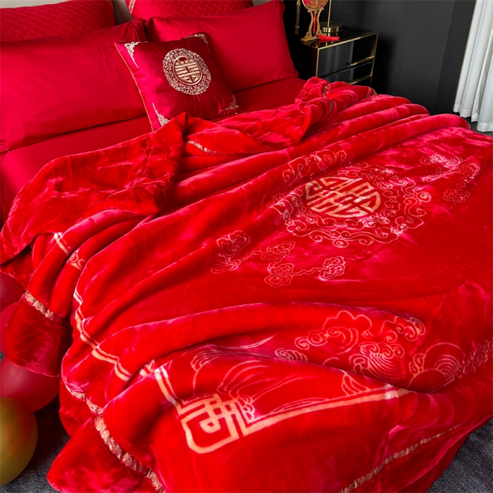 91家纺网 家纺一手货源 找家纺 2024新款婚庆双层高密云毛毯毯子 喜传天下