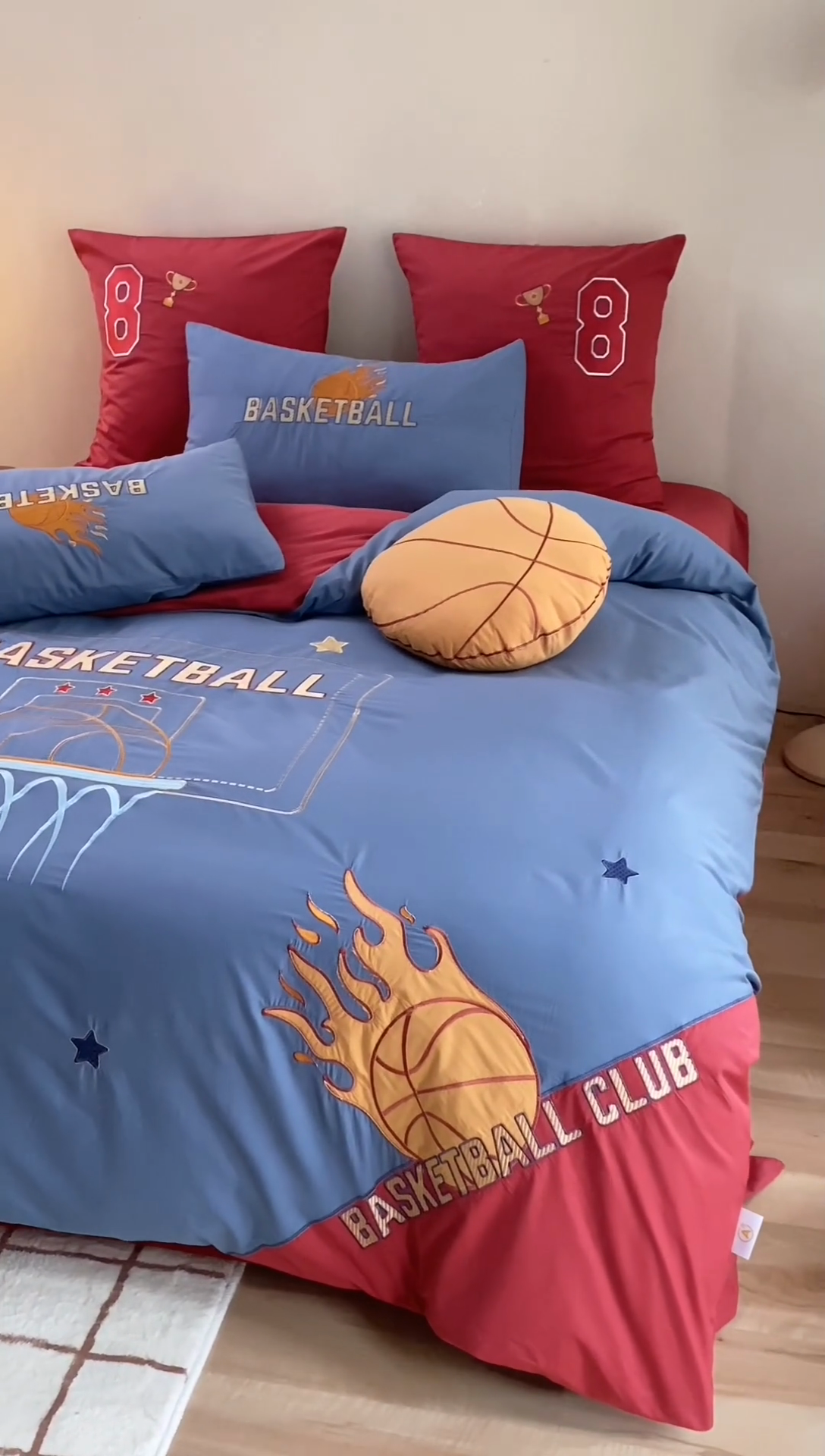 91家纺网 家纺一手货源 找家纺 绒梦里 2024新款全棉A类40s水洗棉贴布绣花四件套-篮球系列 挚爱篮球-英伦蓝