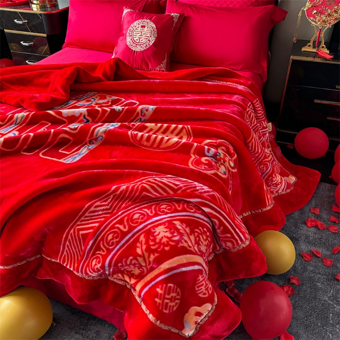 91家纺网 家纺一手货源 找家纺 2024新款婚庆双层高密云毛毯毯子 喜上加喜