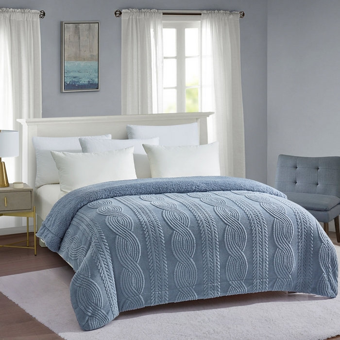 91家纺网 家纺一手货源 找家纺 巴木赫 2024新款8字配色双层羊羔绒毛毯 蓝色