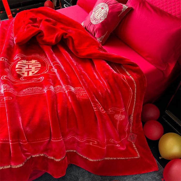 91家纺网 家纺一手货源 找家纺 2024新款婚庆双层高密云毛毯毯子 吾家大喜