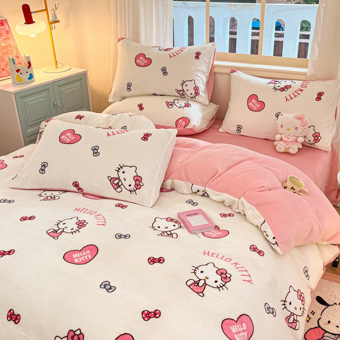 91家纺网 家纺一手货源 找家纺 2024新品正版三丽鸥授权卡通加厚高克重牛奶绒系列四件套 绒三丽鸥-奶油kitty