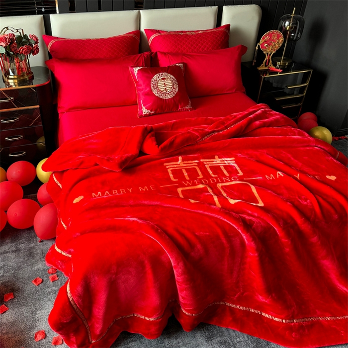 91家纺网 家纺一手货源 找家纺 2024新款婚庆双层高密云毛毯毯子 喜乐