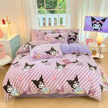 2024新品正版三丽鸥授权卡通加厚高克重牛奶绒系列四件套 绒三丽鸥-紫巧库洛米