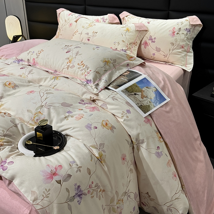 91家纺网 家纺一手货源 找家纺 2024新款A类全棉磨毛数码印花系列四件套 美兮浅香粉