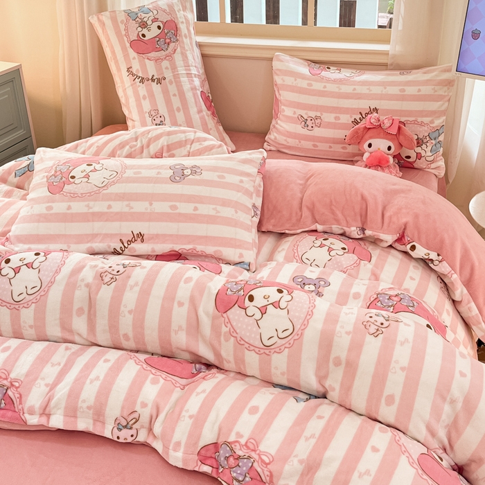 91家纺网 家纺一手货源 找家纺 2024新品正版三丽鸥授权卡通加厚高克重牛奶绒系列四件套 绒三丽鸥-粉梦美乐蒂