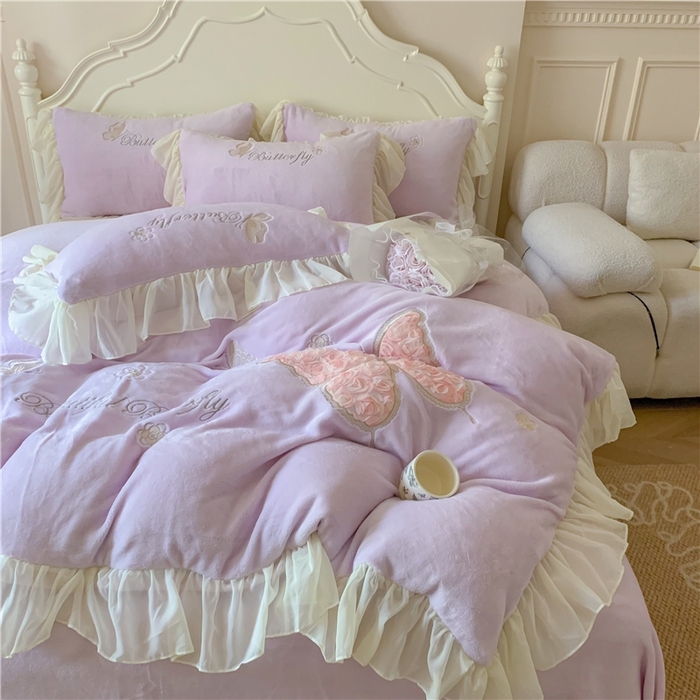 91家纺网 家纺一手货源 找家纺 富盛家纺 2024新款牛奶绒立体刺绣四件套韩版公主风四件套-翩翩起舞 4翩翩起舞—温柔紫