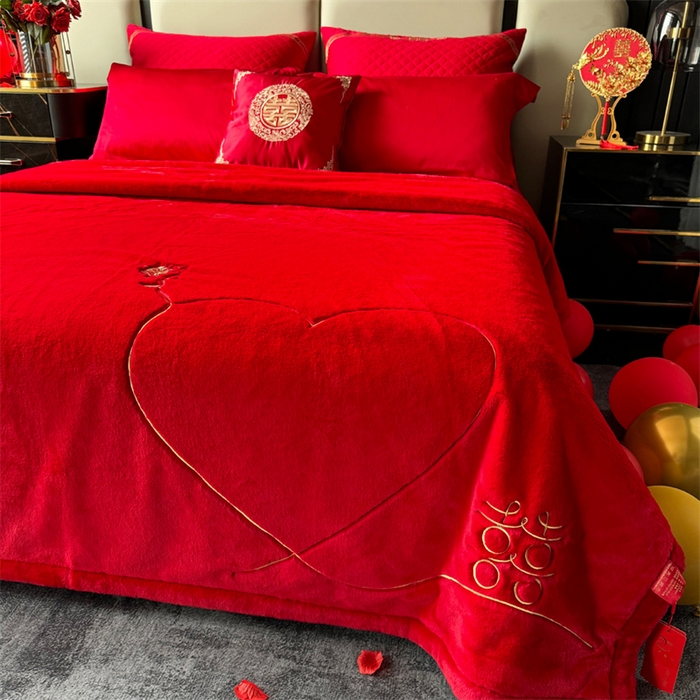 91家纺网 家纺一手货源 找家纺 2024新款仿皮草兔绒精品绣花毛毯毯子 心里有约-大红