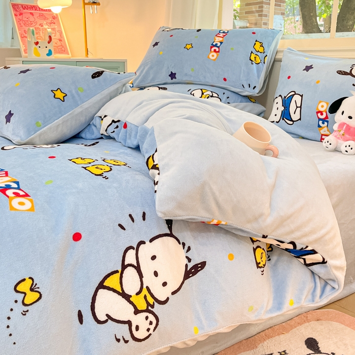 91家纺网 家纺一手货源 找家纺 2024新品正版三丽鸥授权卡通加厚高克重牛奶绒系列四件套 绒三丽鸥-趣味帕恰狗