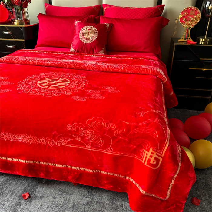 91家纺网 家纺一手货源 找家纺 2024新款婚庆双层高密云毛毯毯子 喜传天下